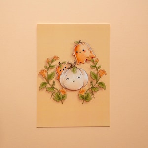 Carte postale Pumpkin Ghosts - Carte de vœux d’Halloween avec de doux fantômes de citrouille et citrouilles, décor de saison effrayant, idée cadeau automne octobre