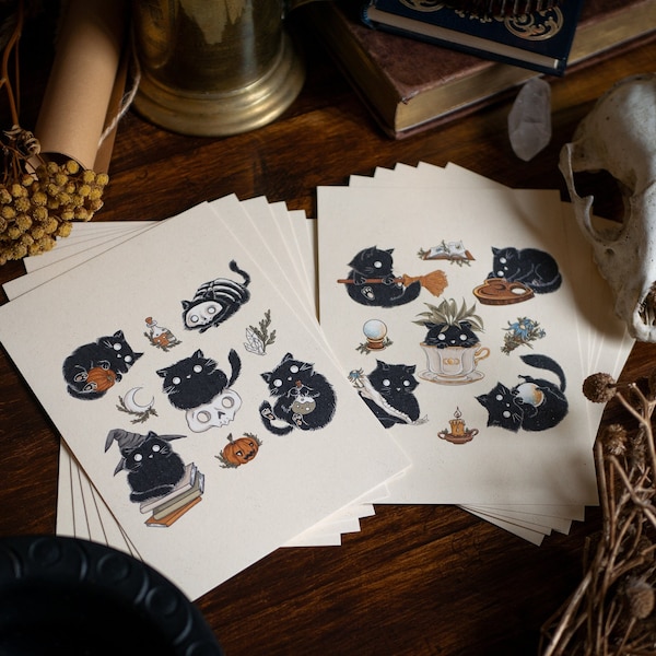 12 Postkarten – Witchy Cats Postkarten Set – Halloween Grußkarten Set – dark and spooky magic black cats, Halloween Geschenk Idee für Hexen