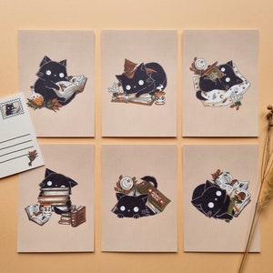 7 Postkarten – Witchy Book Cats Grußkarten Set mit schwarzen Hexenkatzen und Büchern; Geschenk für Hexen, Liebhaber von Katzen und Büchern