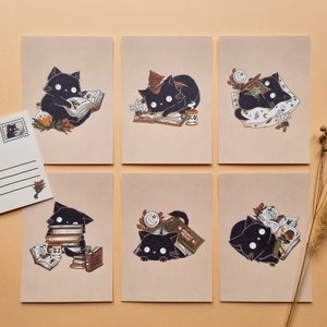 7 Postcards - Witchy Book Cats greeting card set with black witch cats and books; Gift for witches, cat and book lovers, birthday card