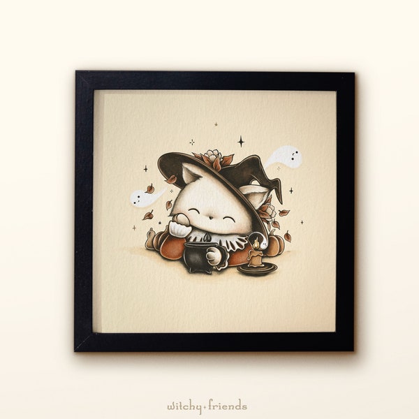 Cozy Season Cat Art Print - Giclee Print - Autumnal white witch cat with coffee, candle, pumpkins and ghosts
