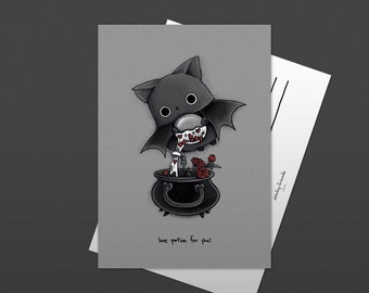 Love Potion for You - Valentine's Day Postcard - Cute Gray Bat with Love Potion of Hearts and Roses