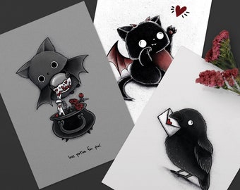 Love Postcard Set - 3 Postcards - Love Potion Bat - Demon Heart Cat - Love Letter Crow