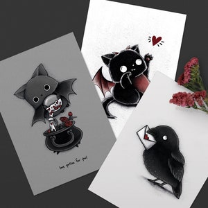 Love Postcard Set - 3 Postcards - Love Potion Bat - Demon Heart Cat - Love Letter Crow
