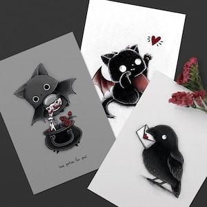 Coffret de cartes postales Love – 3 cartes postales – Chauve-souris philtre d’amour – Chat démon cœur – Corbeau lettre d’amour