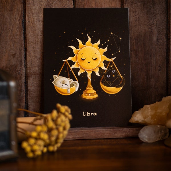 Postkarte Libra Zodicat – Sternzeichen Waage Grußkarte mit magischen Katzen, Sonne & Konstellation, Geburtstagskarte September Oktober