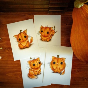 4 Postkarten – Pumpkin Cats Postkarten Set – Halloween Grußkarten Set – Herbst Dekoration, Kürbis Katzen, Oktober Kunst, Spooky Season