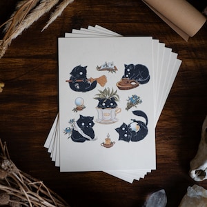 6 postales - Conjunto de postales Witchy Cats 02 - Tarjetas de felicitación de Halloween, gatos negros mágicos oscuros y espeluznantes, idea de regalo de Halloween para brujas