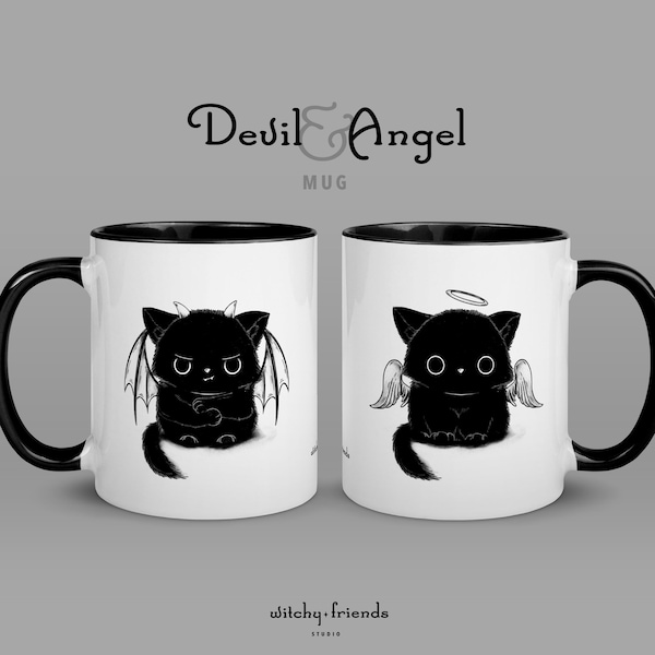 Mug Angel & Devil Cat avec intérieur noir - Meilleur cadeau pour les amoureux des chats