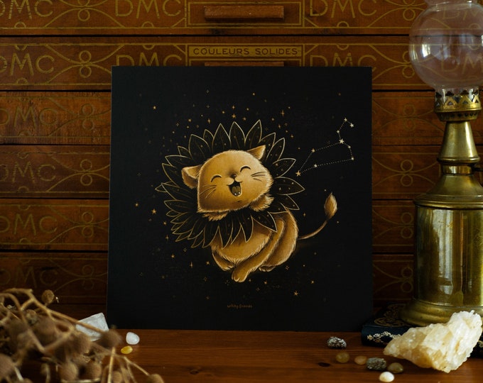 Art Print - Leo Zodicat - Leo Zodiac Poster - Cute golden Lion Cat with Star Constellation - Leo Zodiac Gift Idea - witchy moonchild gifts