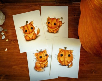 4 Postcards - Pumpkin Cats Card Set - Halloween Greeting Cards - Fall Decoration, Pumpkin Decor, October Art, Spooky Season, Halloween Gift