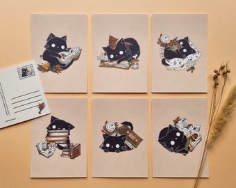 7 ansichtkaarten - Witchy Book Cats wenskaartenset met zwarte heksenkatten en boeken; Cadeau voor heksen, katten- en boekenliefhebbers