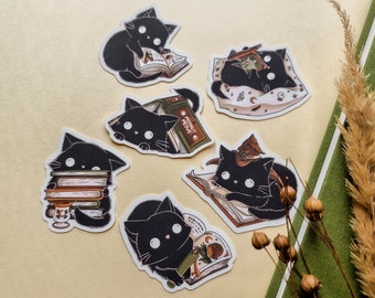 Juego de pegatinas Witchy Book Cats - 6 mágicos gatos brujos negros con libros - diario, cuaderno, pegatina para teléfono inteligente mate