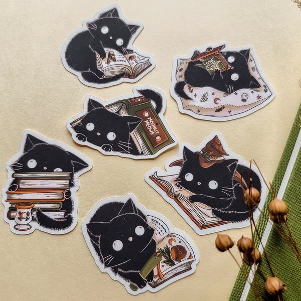 Sticker-Set Witchy Book Cats - 6 magische schwarze Hexenkatzen mit Büchern - Journal, Notizbuch, Smartphone Aufkleber matt