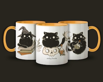 Mug 'witchy cats' with orange inside - Black witch cats with books, skulls; crystal, moon & potions