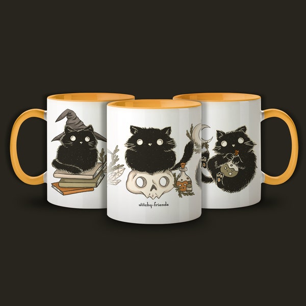 Mug 'witchy cats' with orange inside - Black witch cats with books, skulls; crystal, moon & potions