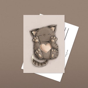Heart Belly Cat Postkarte – Postkarte – süße graue Katze mit Herz - Geburtstagskarte