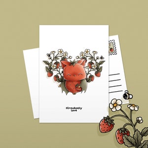 Strawbatty Love – Postkarte – süße Erdbeer Fledermaus mit Herz