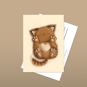 Heart Belly Cat Postcard - Carte postale - chat brun mignon avec coeur - Chat British Shorthair brun - cadeau pour les amoureux des chats