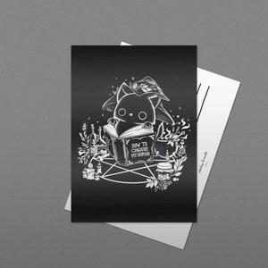 Carte postale argentée brillante - joli chat sorcier noir avec livre magique "Comment conjurer mon humain" - salutations avec feuille d'argent