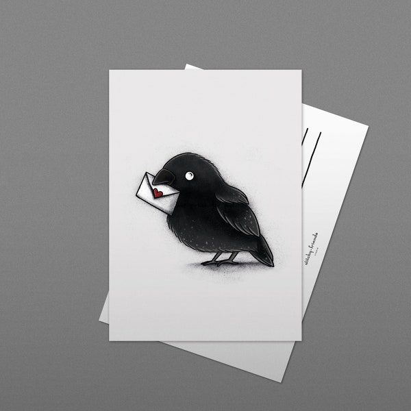 Love Letter Crow - Postcard - Cute Black Crow with Love Letter - Birthday, Vday Card, Anniversary, Halloween