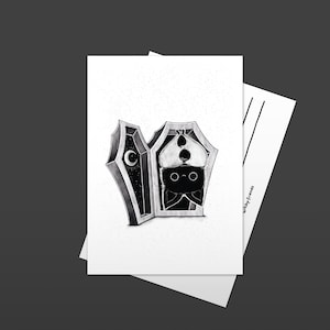 Carte postale Chauve-souris - Carte de voeux Halloween, jolie chauve-souris noire dans un cercueil magique - idée cadeau Octobre Automne Halloween, Art Gothique