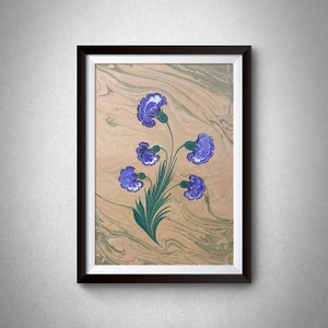 Original Flower Handmade Carnation design Marbling traditional Turkish artwork Ebru flower bouquet wall art housewarming gift livingroom