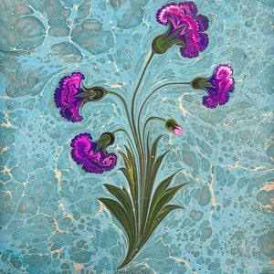 Oeillet fait main fleur original marbré oeuvre d'art turque traditionnelle Ebru bouquet de fleurs art mural cadeau de pendaison de crémaillère salon