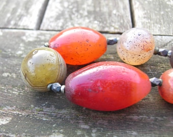 Antique Agate and Carnelian Necklace with Hand Made Silver Beads from Myanmar