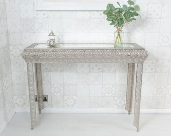 Silver Moroccan Embossed Metal Glass Console Side Hall Dressing Table