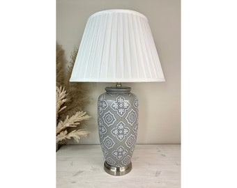 Grey White Geometric Tile Print Pattern Ceramic Porcelain Table Lamp