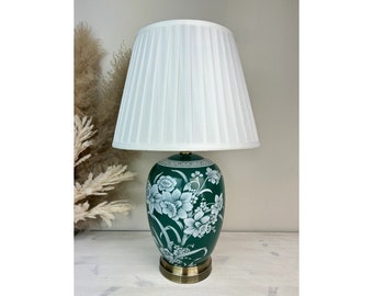 Dark Green White Floral Pattern Ceramic Porcelain Table Lamp