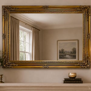 May include: A rectangular wall mirror featuring an ornate, antique gold-finished frame with intricate carved detailing at the corners and centre edges. The reflective glass surface displays a clear view of a room interior with curtains and wall art.