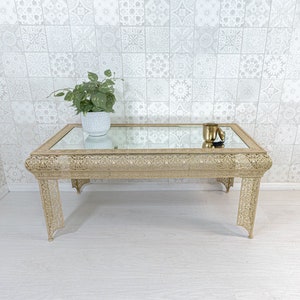 Gold Moroccan Embossed Metal Glass Coffee Table