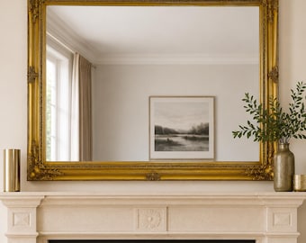 May include: A large rectangular wall mirror featuring a wide, ornate gold frame with intricate corner and center detailing. The mirror surface reflects a room interior, including a framed landscape print, a window, and light-colored walls.