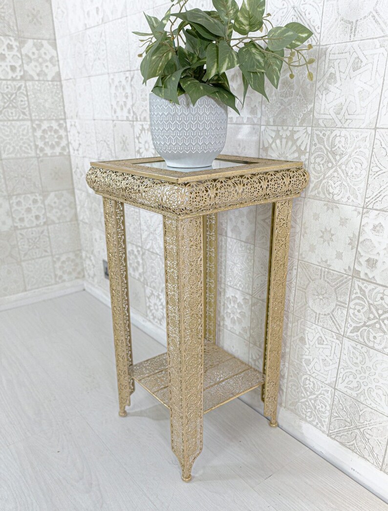 Light Gold Moroccan Embossed Metal Glass Side End Lamp Coffee Table