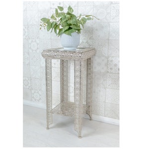 Silver Moroccan Embossed Metal Glass Side End Lamp Coffee Table