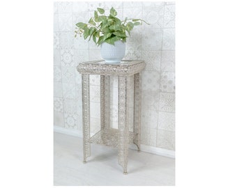 Silver Moroccan Embossed Metal Glass Side End Lamp Coffee Table