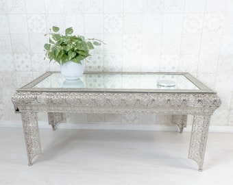 Silver Moroccan Embossed Metal Glass Coffee Table