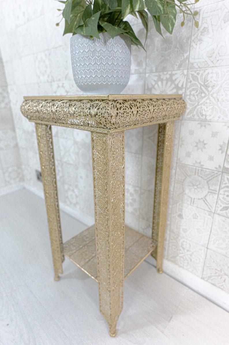Light Gold Moroccan Embossed Metal Glass Side End Lamp Coffee Table