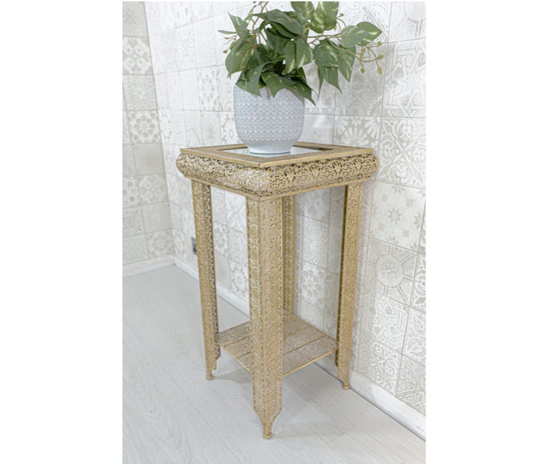 Light Gold Moroccan Embossed Metal Glass Side End Lamp Coffee Table
