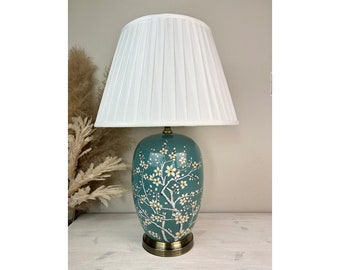 Teal Green Blossom Floral Print Pattern Ceramic Porcelain Table Lamp