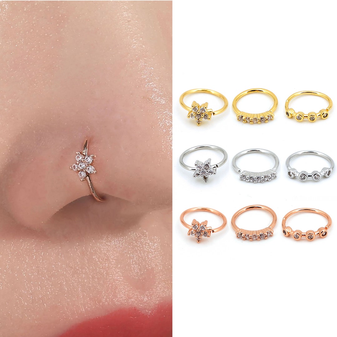 Dainty CZ Nose Ring Hoops, 20G Gold Thin Nose Ring piercing Required