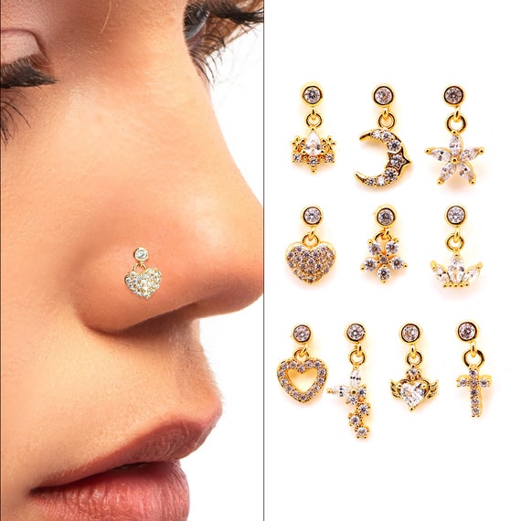 18G and 20G L Shaped Nose Ring Stud, 2mm Cubic Zirconia Clear Gem, Surgical  Steel 