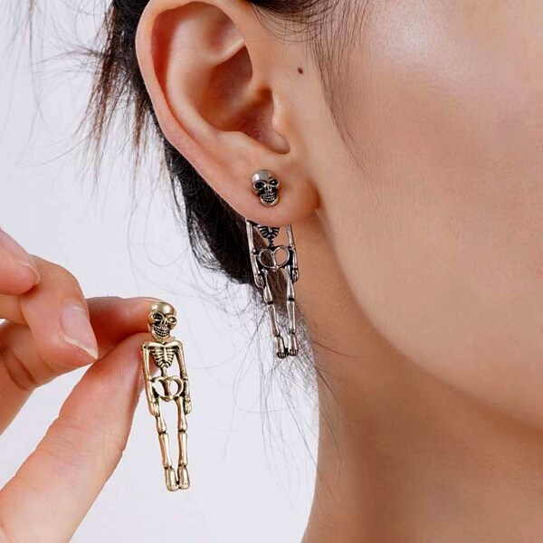 Silver-Tone Stainless Steel Hanging Skeleton Stud Earring | In stock
