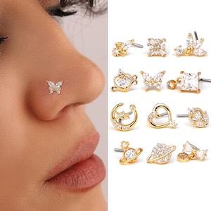 14K Gold Plated CZ Nose Studs, 20G Trendy Zirconia Nose Stud, Dainty Big Nose Ring (Piercing Required), Gold L Shape Nose Ring, Custom Bars