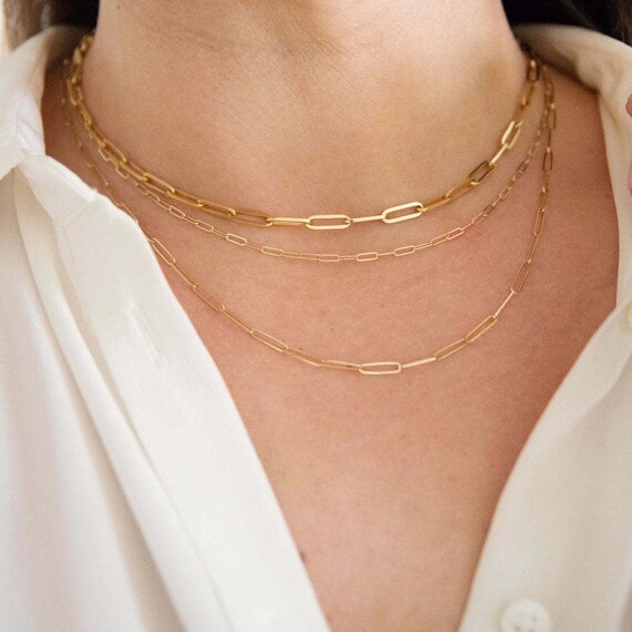 Solid 14K Yellow Gold Paper Clip Chain Necklace, Rectangle Long Link  Necklace | eBay