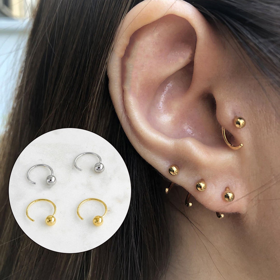 4mm Tiny Ball Huggie Hoop Earrings, 10mm Minimalist Wrap Earrings, 14K