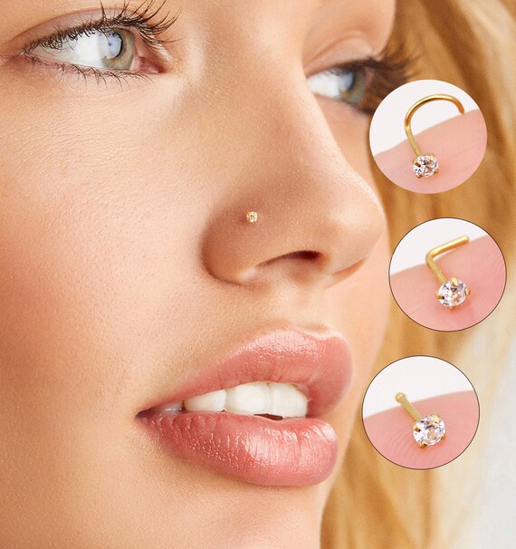 9ct Gold L-Shaped Crystal 1.5mm Nose Stud | Jewellerybox.co.uk