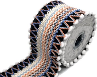 Blue & Orange Cotton Braid Trim: Bohemian Geometric Pom Pom Edging